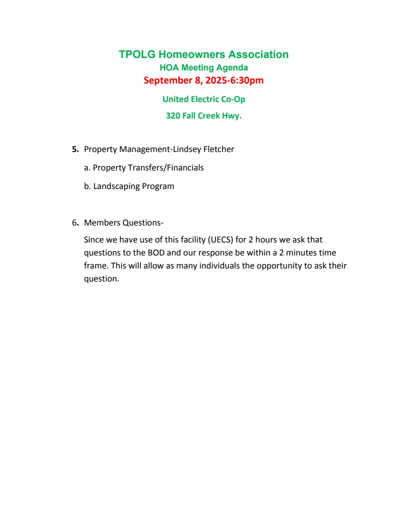 TPOLG Agenda